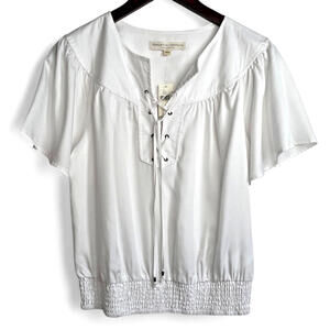 New‎ Anthropologie Pilcro Lace Up Flutter Sleeve Top Size 10 White Short Sleeve